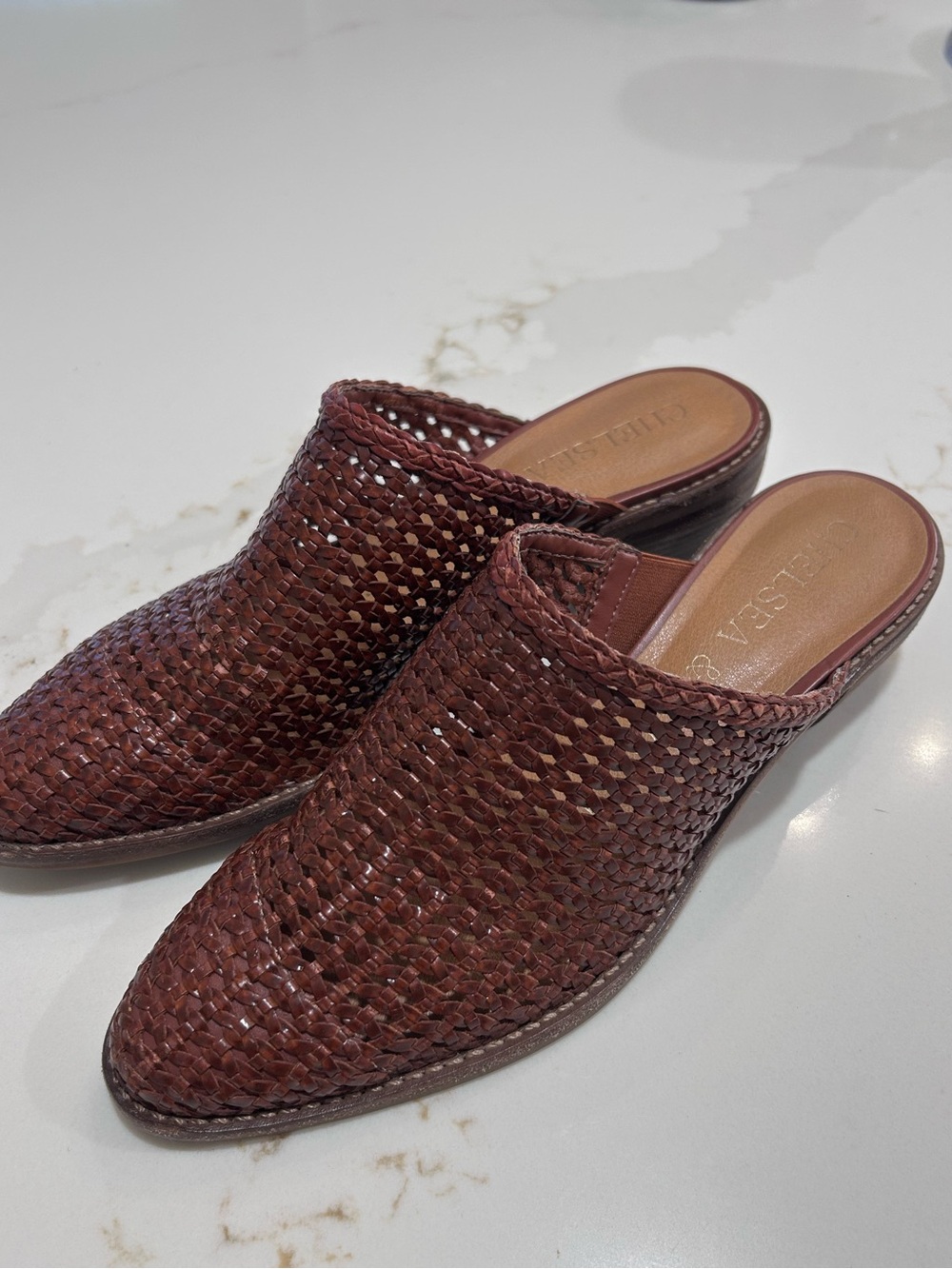 Chelsea & Violet Woven Leather Slip-On Mules - Brown